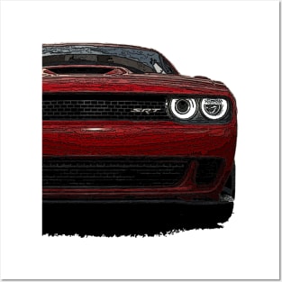 Blazing Fury: Red Dodge Challenger Fiery Front Half Body Posterize Car Design Posters and Art